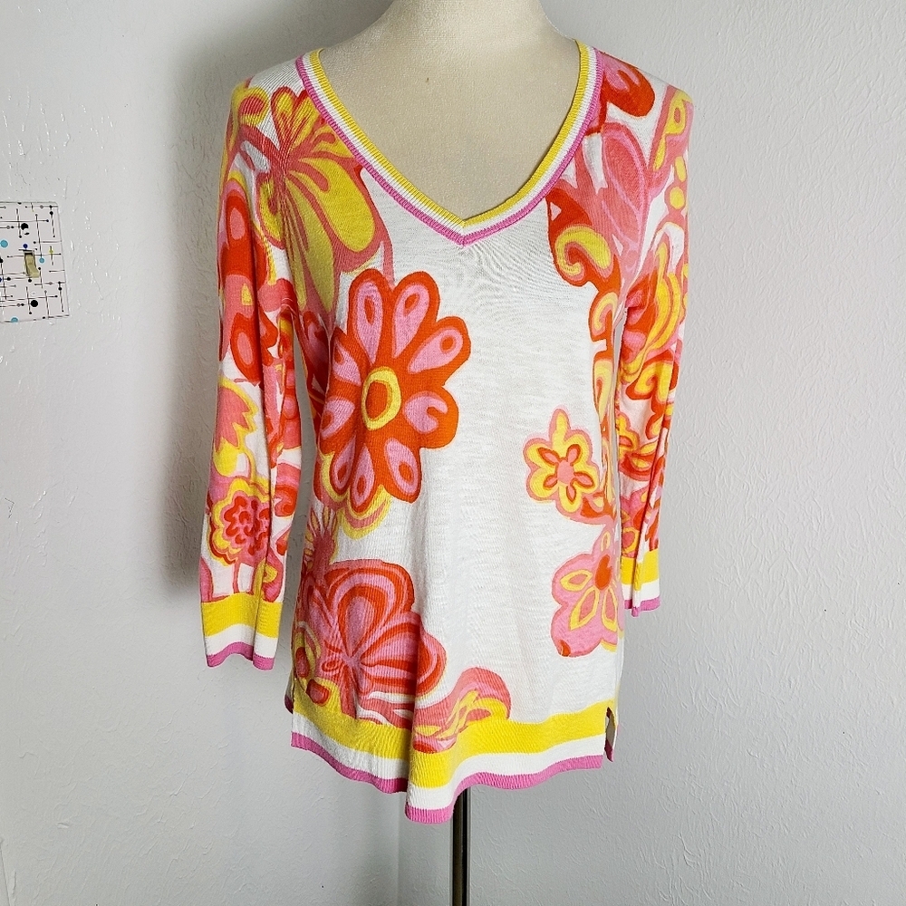 Talbots Floral Lightweight V-neck Sweater, Pink, Orange, Yellow & White, Size XS
